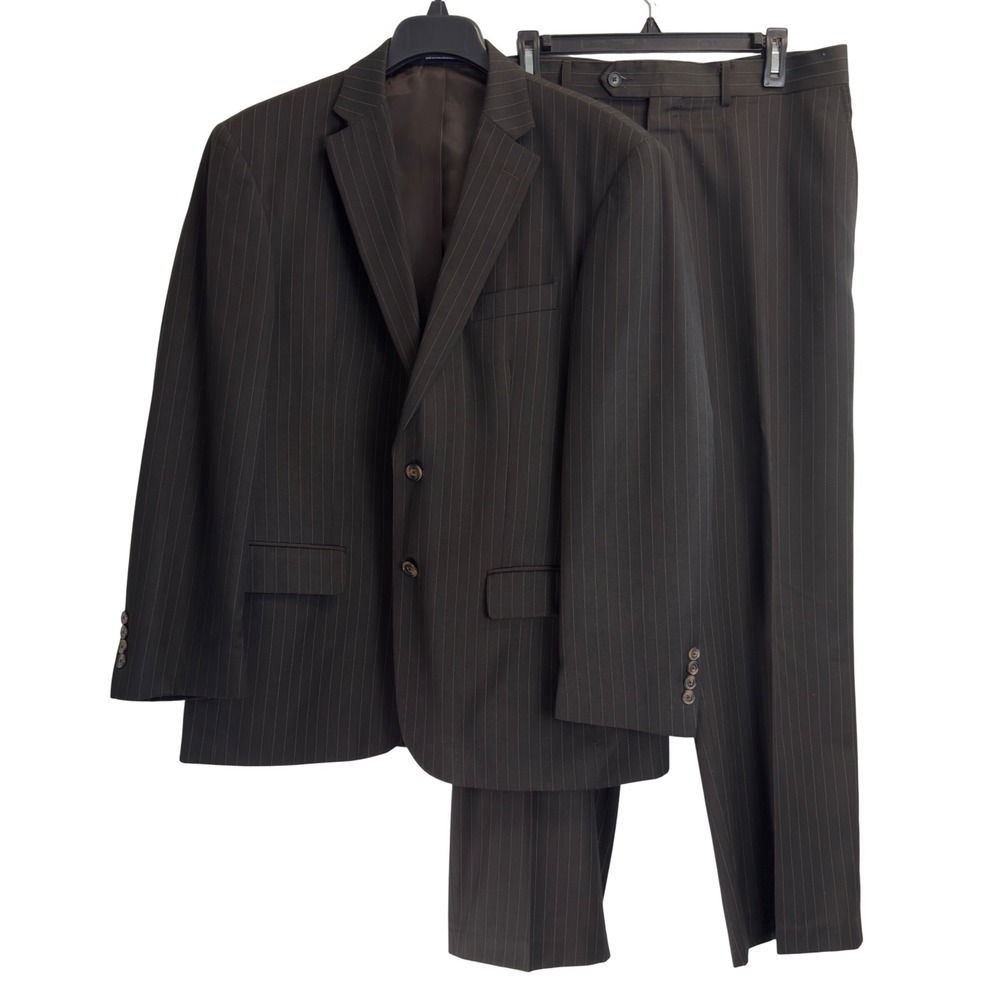 Stafford Mens Brown Pinstripe 2 Piece Suit Set Blazer 42R Flat Front Pants 36X30